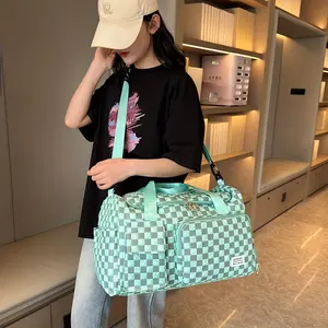 2pcs Checkered Travel Duffel Bag with Makeup Bag for Women Fordable Gym Bag Carry On Weekender Bag with Shoe Compartment