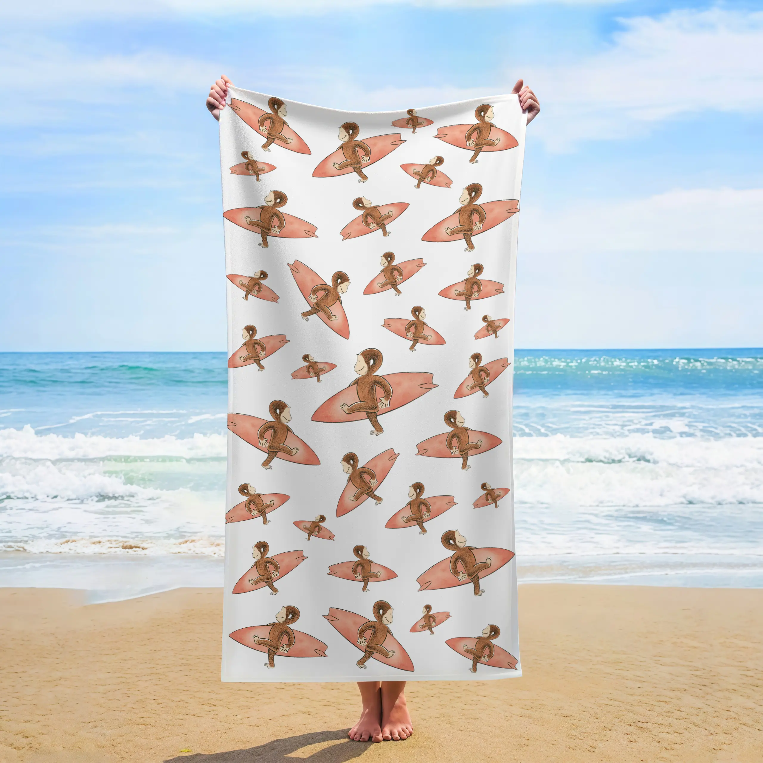Cute Surfing Monkey Seamless Beach Towel Hand Drawn Cartoon Aesthetic Quick Dry Towel Summer Vacation Essential