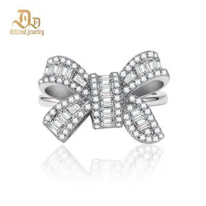 Delzzad 0.8ct Midnight Coquille Ring Luxury Bow Ring Baguette Cut Engagement Ring Ribbon Design VVS Synthetic Moissanite Ring Jewelry S925 Band Perfect Birthday Engagement Wedding Anniversary Christmas Valentine's Day Mother's Day Gift
