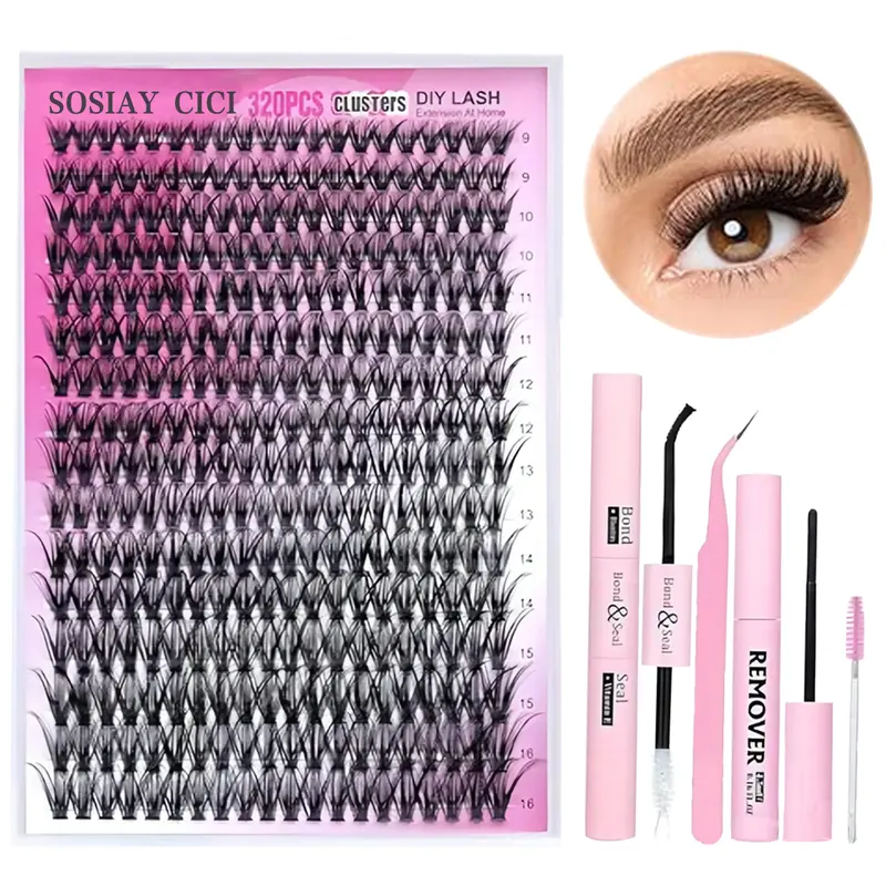 SOSIAY CICI Cosmetic Individual Lashes Kit - 320Pcs Fluffy Pre-Made Lash Clusters, D Curl 9-16mm Mix 40D, DIY Personal Use, Eyelash Adhesive, Bonding Sealant, Applicator Tool, Makeup Products
