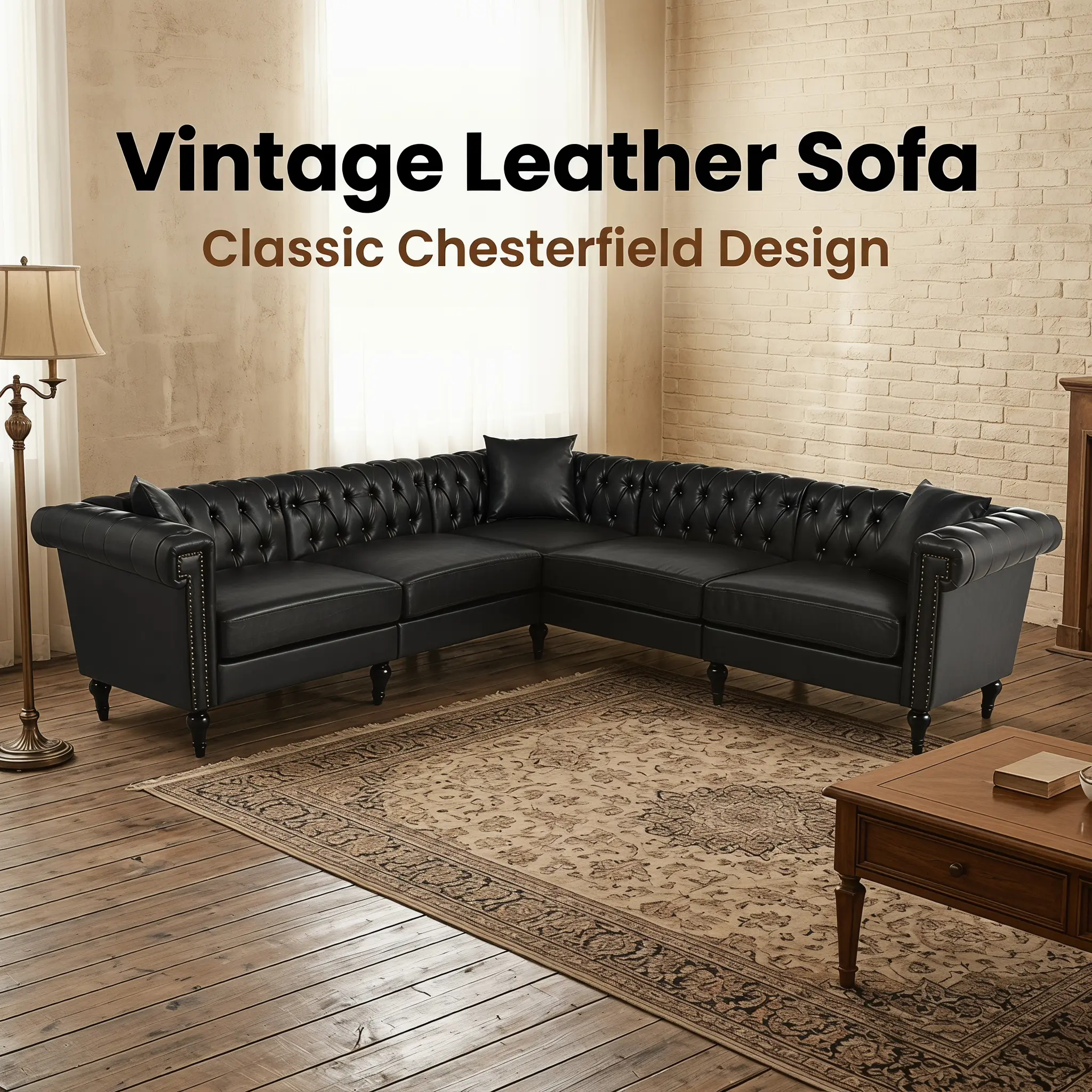 Sectional Sofa Couch for Living Room L Shaped Reversible Modern Chesterfield with Rolled Arms Nailhead 5 Seat Tufted PU Leather Black High-Gauge Coil Springs High Density Foam
