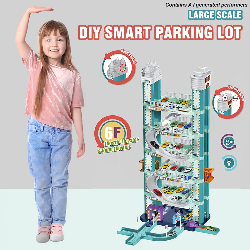 Garage Track Set with Electric Elevator, Upgrade 6 Levels Toy Car Garage with 2 Die-Cast Toy Cars Birthday Gifts Christmas Gifts