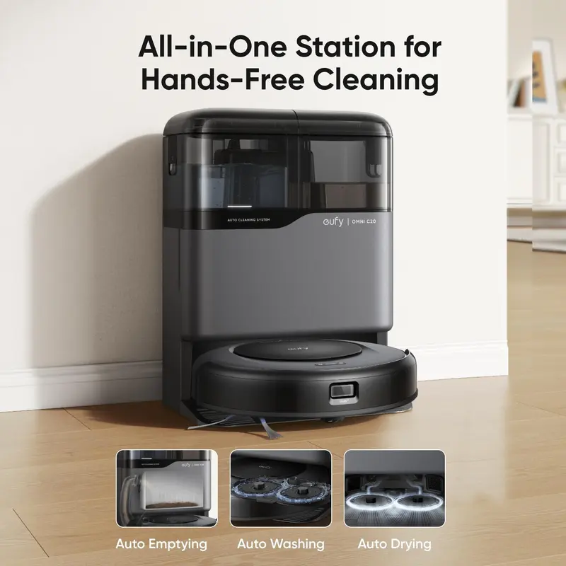 eufy C20 Omni Robot Vacuum Cleaner & Mop Combo - Cordless Cleaner, Cordless Vacuum, 7000Pa Suction, 3.35in Body Fits Tight Spots, App-Enabled, Self-Emptying, Auto Mop Washing/Drying, All-in-1 Hands-Free Station, Hair-Free Brush, 2.4GHz Wi-Fi Compatible