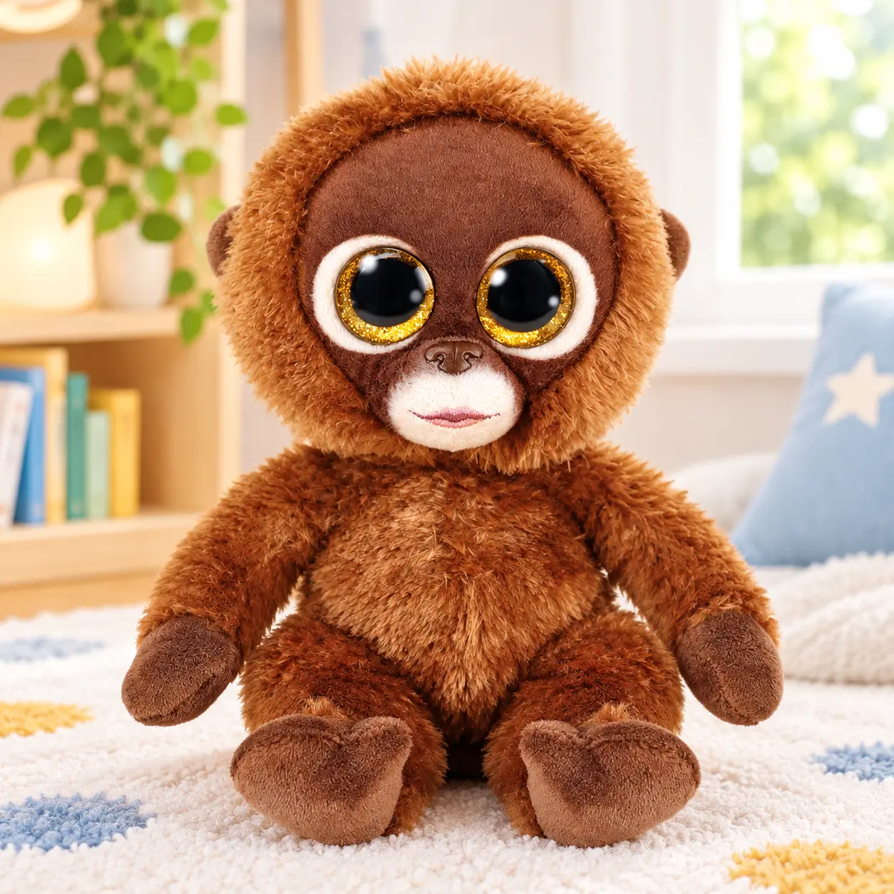 Brown Plush Monkey Stuffed Animal with Sparkly Golden Eyes, Cute Soft Toy, 8 Inch