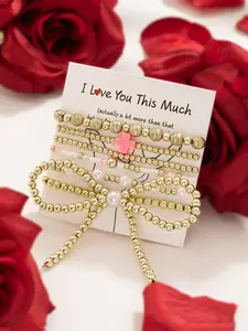 Elegant Bow Beaded Multi-Layer Cross Layered Bracelet Set, Valentine's Day Card Jewelry, 6 Piece Fashion Accessory for Women, Stackable Bracelets