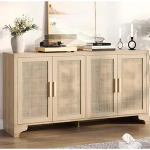 Garvee Natural Rattan Sideboard Buffet Cabinet with Storage, Farmhouse Large Rattan Cabinet with 4 Doors, for Kitchen, Living Room, Entryway