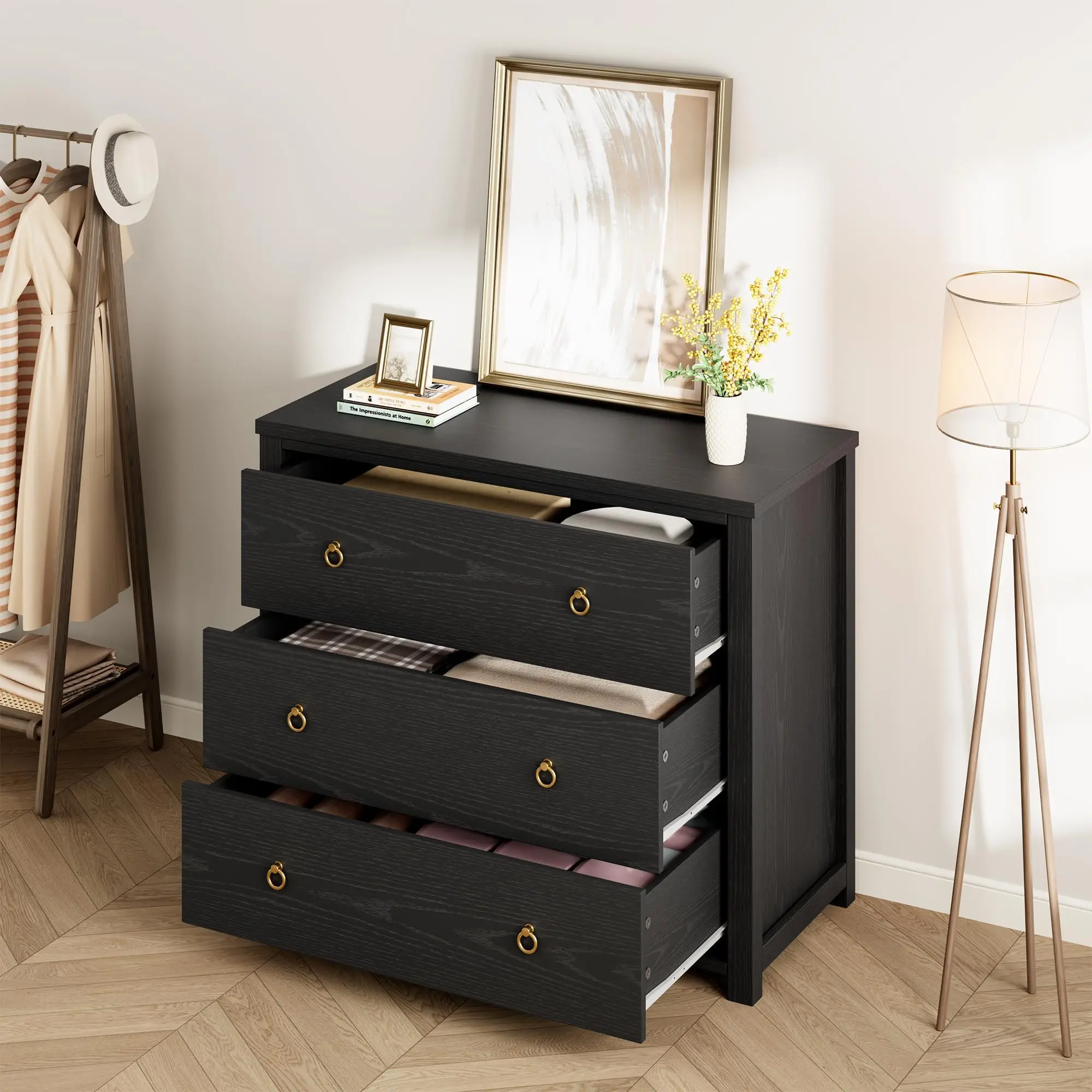 31.5" Wide Black 3-Drawer Dresser - 29" Tall Slim Vertical Storage Cabinet with Round Pulls, Easy Setup, Easier Assembly, Chest Drawer for Living Room, Hallway to Keep Bedroom Storage Neat