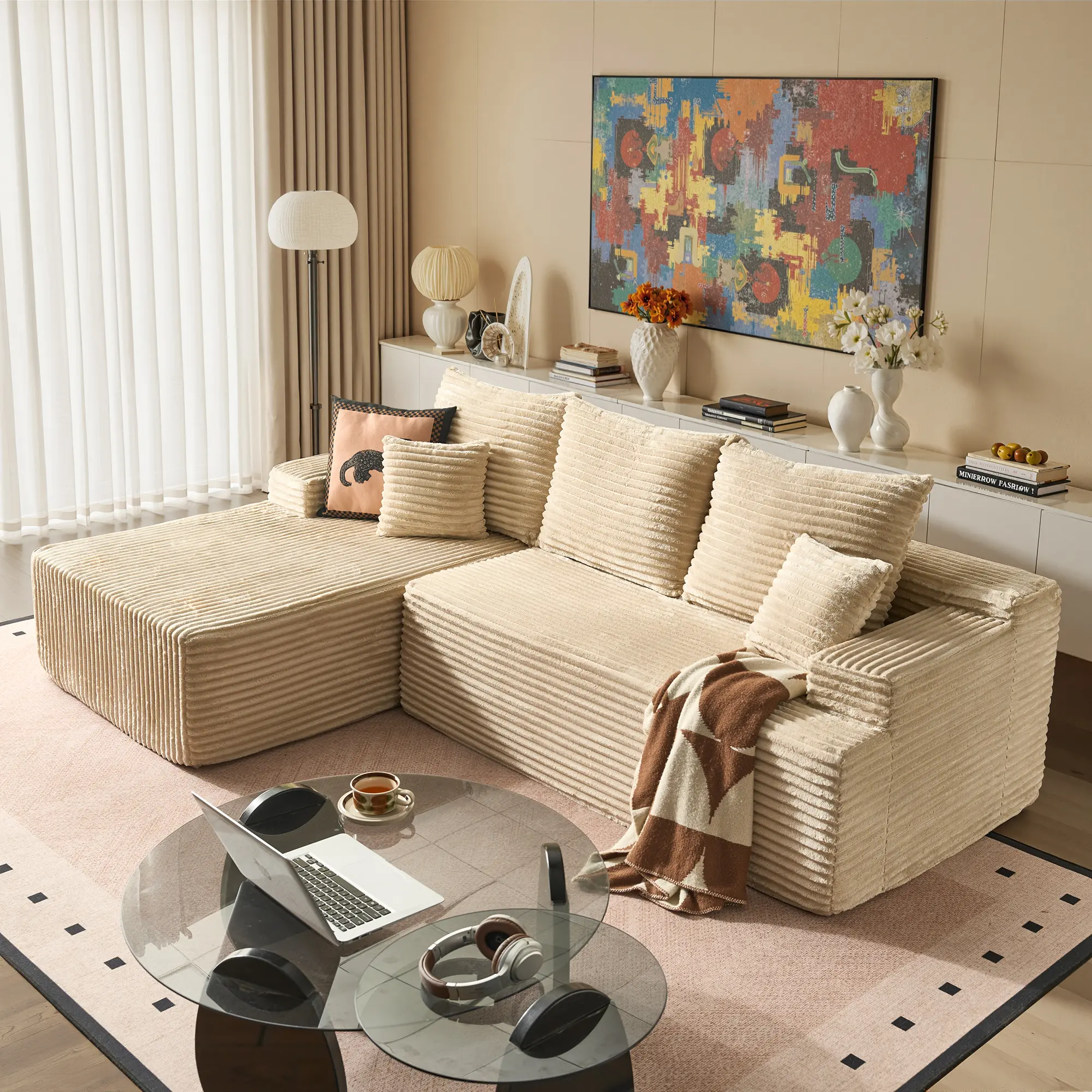 96" Beige L Shaped Sofa with Left Chaise 2