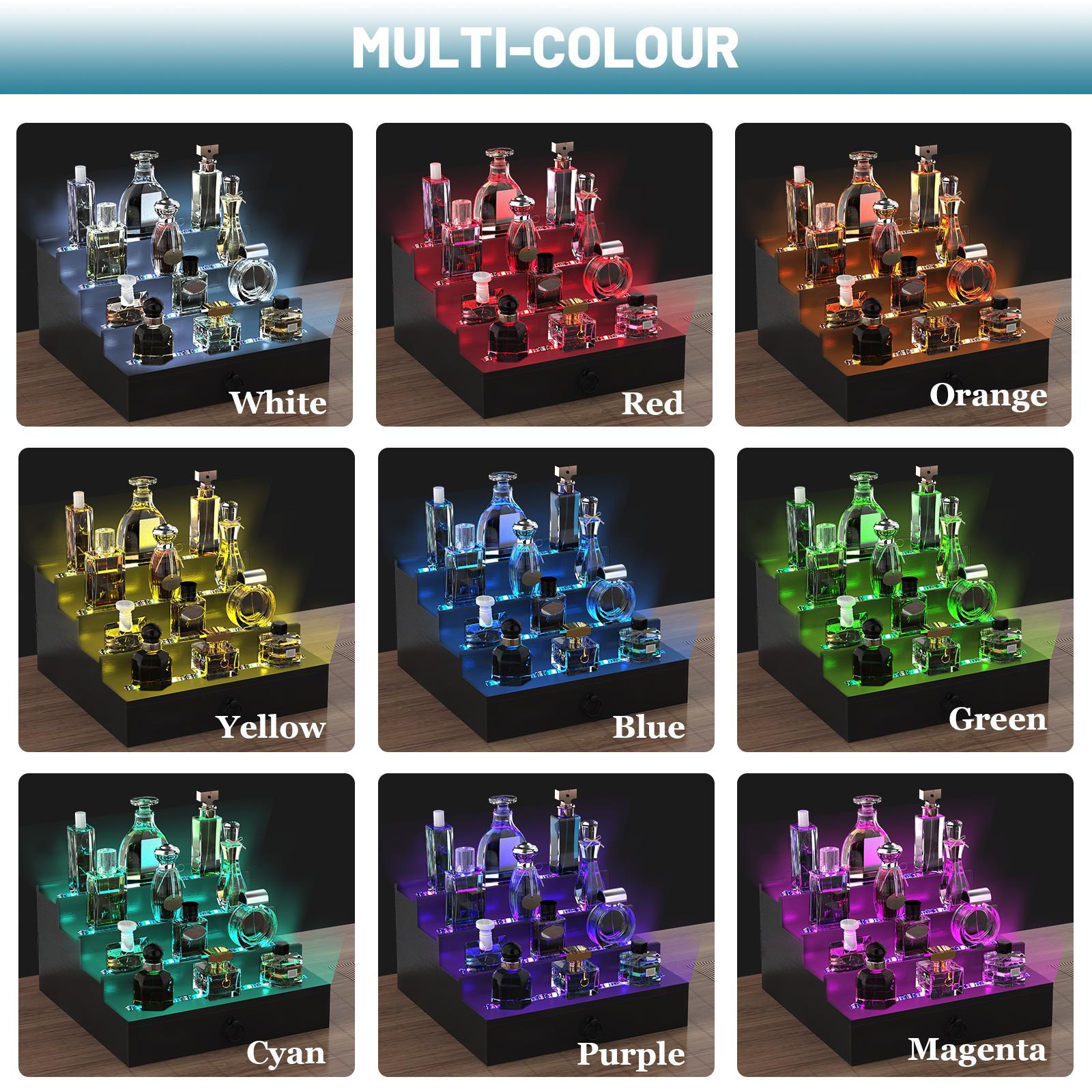 LED Illuminated 4-Tier Display Shelf – Stylish Perfume, Dessert & Aromatherapy Organizer for Vanity, Dresser & Countertop Three-Tier Wooden Cologne