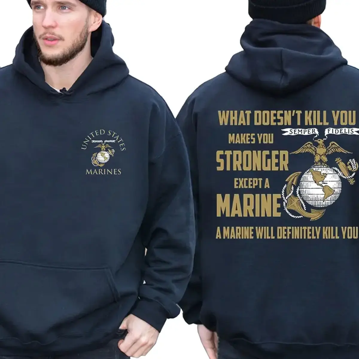 USMC “What Doesn’t Kill You” Hoodie – Semper Fi Marine Corps Graphic Pullover, Bold Military Quote Sweatshirt, Patriotic Veteran Hoodie for Men & Women