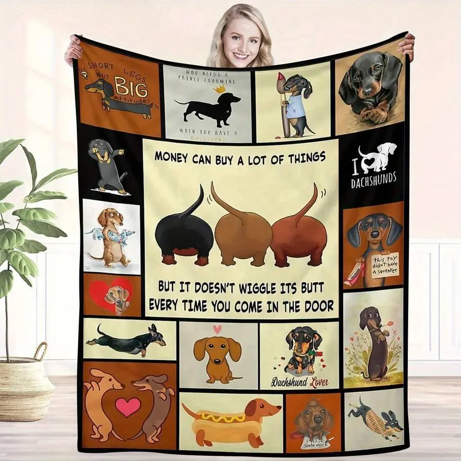 Super Soft Cute Dachshund Prints Flannel  Blanket, As Birthday Gifts, Family, Wedding, Souvenir Blankets, Polyester Blankets Suitable For All Seasons, Washable, Machine Washable, Lightweight, Breathable, Comfortable, Warm, Unique, For Him mom christian
