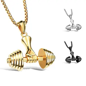 Golden/Silver/Black Dumbbell Barbell Pendant Fitness Necklace for Men Daily Wear Fitness