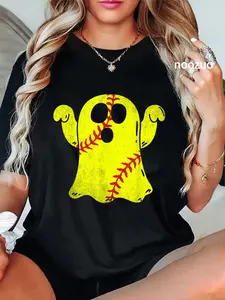 100% Cotton Unisex Softball Ghost Softball Lover Halloween Costume T-Shirt Casual Top