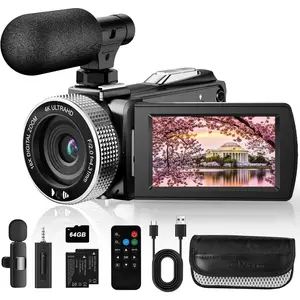 4K Ultra  Video Camera Camcorder 48MP Digital Recorder with  Lavalier Microphone for Vlogging YouTube Travel,18X Digital Zoom Camcorder with Remote, 32GB Card