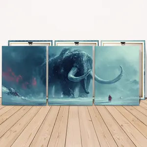 3 Counts Wooden Framed Canvas Painting, Giant Woolly Mammoth In Frozen Landscape, Exquisite Poster, Perfect Living Room Decoration, Modern Art, Fashion Family Poster, Wall Art Decoration, Waterproof Art