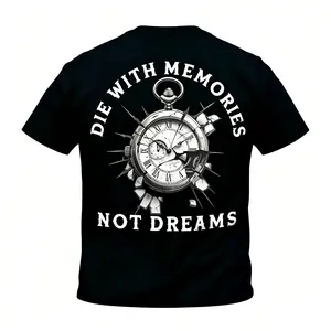 100% Cotton "Die With Memories Not Dreams" Graphic T-Shirt, Unisex Broken Pocket Watch Tattoo Style Streetwear Tee, White Casual Short Sleeve Top Grunge Album world tshirts Vintage