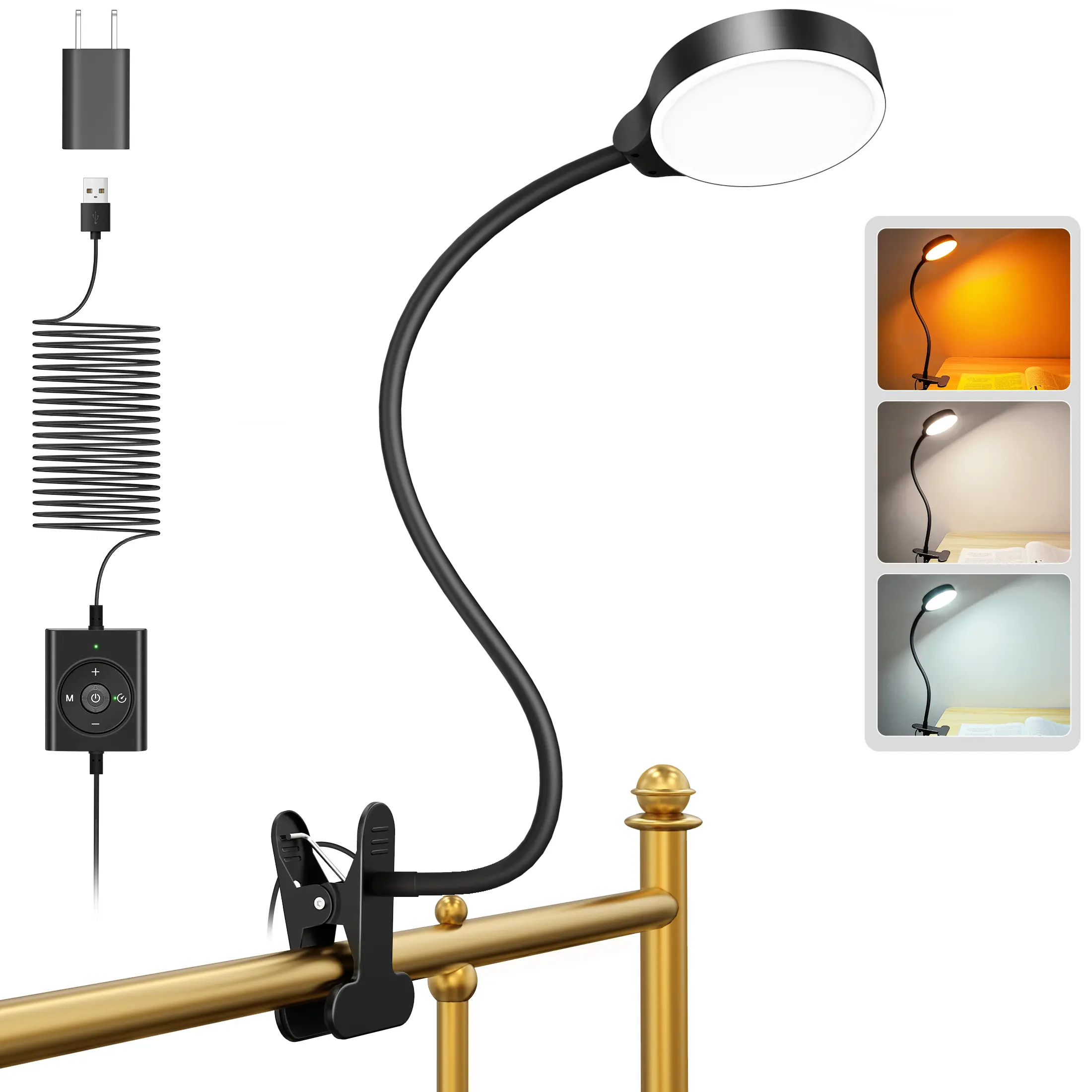Glocusent 5W 36 LED Reading Clip on Light, Eye Caring Bed Lamp, 3 Colors & 5 Brightness Levels for Headboard with Adapter, Perfect for Reading, Working & Studying