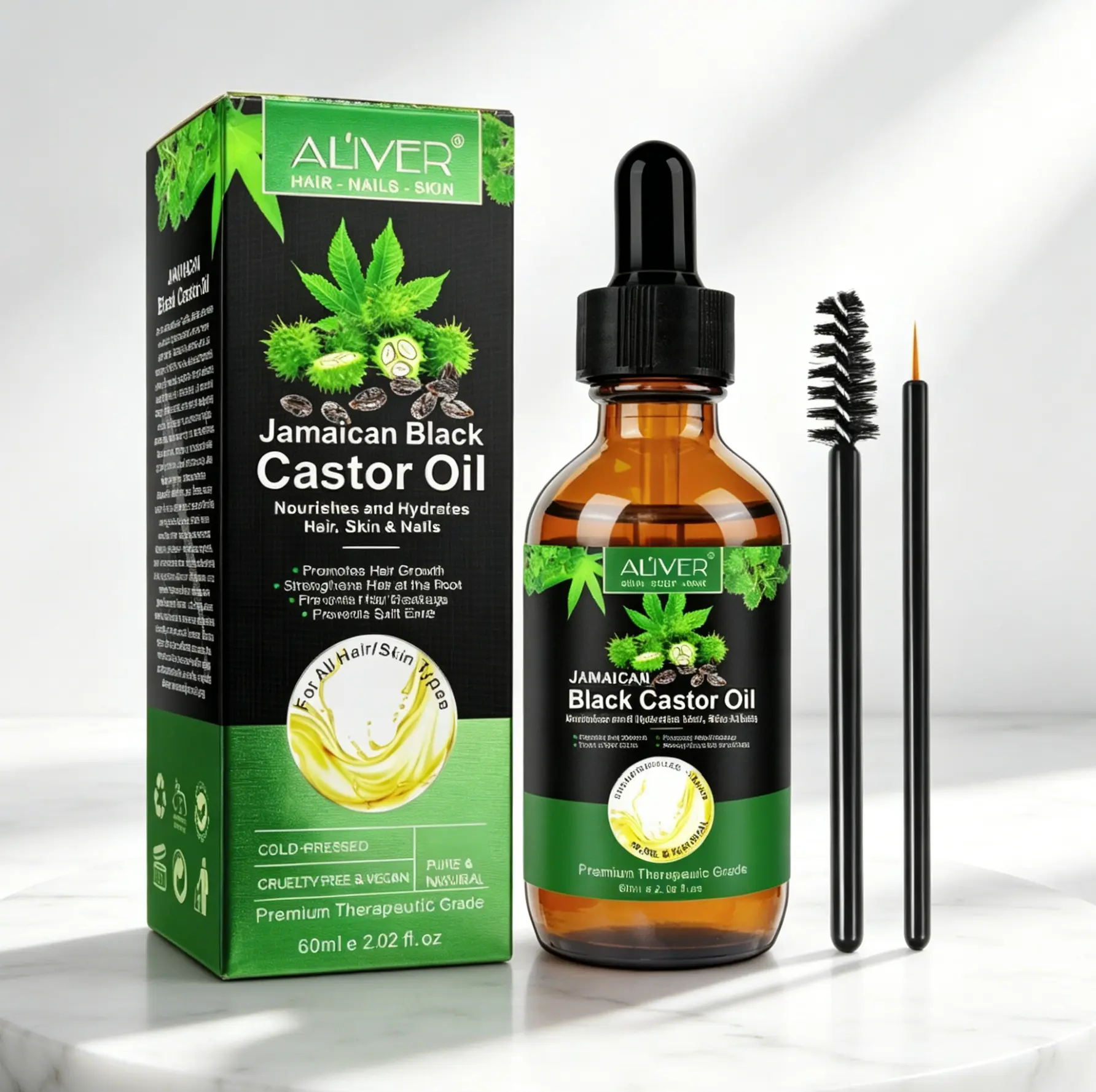 Pure Jamaican Black Castor Oil 60ml by ALIVER, Hexane-Free Cold Pressed Formula, Boost Hair Follicle Growth, Hydrate Skin Strengthen Nails