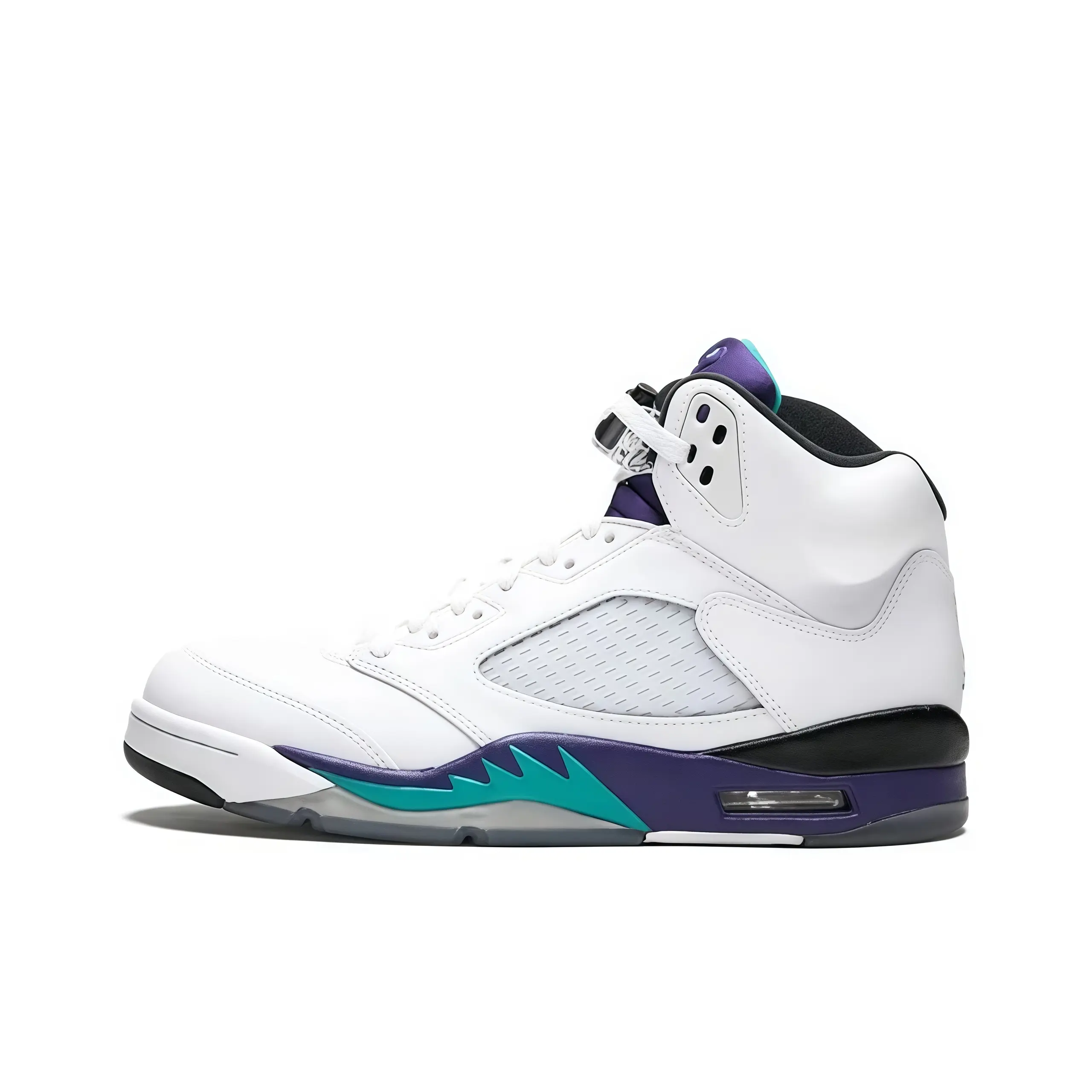 High top basketball sneakers white leather purple teal accents breathable mesh padded collar shock absorbing design party outfit social media hype trendy outdoor sport sneakers