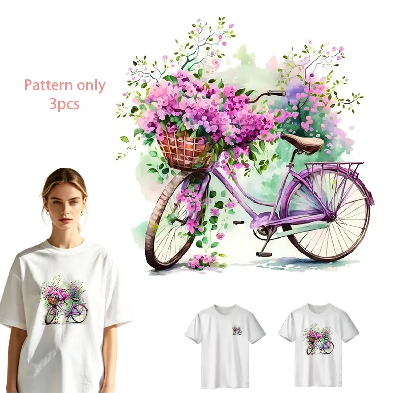 Flower Bicycle Heat Transfer Vinyl - DIY T-Shirt Iron-On Decal, DTF Print, Washable PVC Design for Clothes, Jeans, Hoodies, Backpacks, Fashion Accessory, Creative Pattern Only