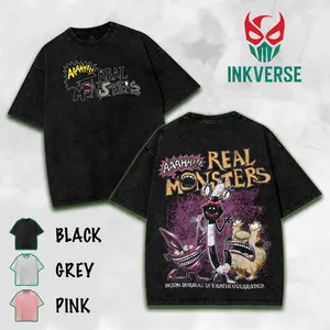 Aaahh!!! Real Monsters Double Printed Lightweight Acid Washed Tee TV Show Graphic Top Shortsleeve Cotton Gift TShirt, Gift T-Shirt For Movie Lover tees good