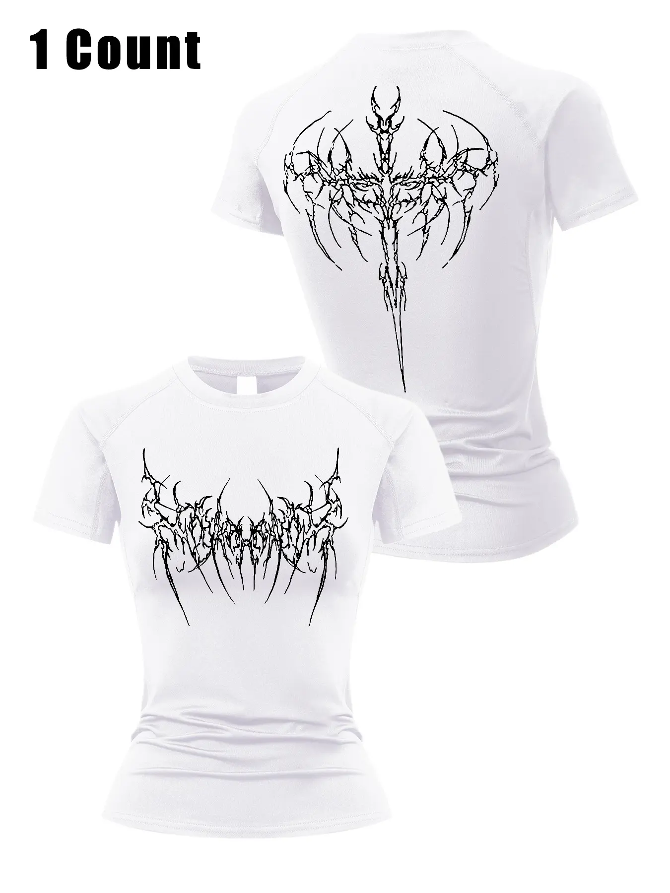 Middle Ages Y2K Gothic Style Dark Skeleton Wings Print Women's Short Sleeve Sport T-Shirt, Summer Quick-Dry Breathable Tight Fit Workout Top, Gym Activewear