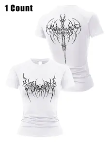Middle Ages Y2K Gothic Style Dark Skeleton Wings Print Women's Short Sleeve Sport T-Shirt, Summer Quick-Dry Breathable Tight Fit Workout Top, Sports Tee