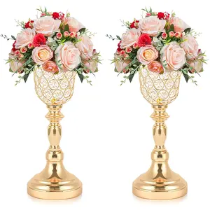 Set of 2 elegant gold crystal small metal center vases; wedding table decoration flower stands; tulip-shaped artificial floral arrangements; wedding/restaurant vases; home decor
