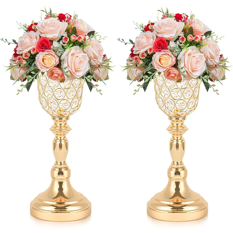 Set of 2 elegant gold crystal small metal center vases; wedding table decoration flower stands; tulip-shaped artificial floral arrangements; wedding/restaurant vases; home decor