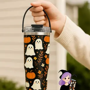 30oz insulated mug with handle, double wall stainless steel vacuum cup, Halloween ghost pumpkin design Insulated Travel Drinkware, leak-proof thermal tumbler, hot cold drinks travel mug, keep warm 12 hours, keep cold 24 hours, spooky gift for women men
