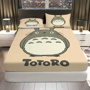 3Pcs  Totoro Beige Fitted Sheet Three Piece Set (1*Fitted Sheet+2*Pillowcases, Coreless), Holiday theme, Animation Bedding Set, Mattress protector Soft, Breathable