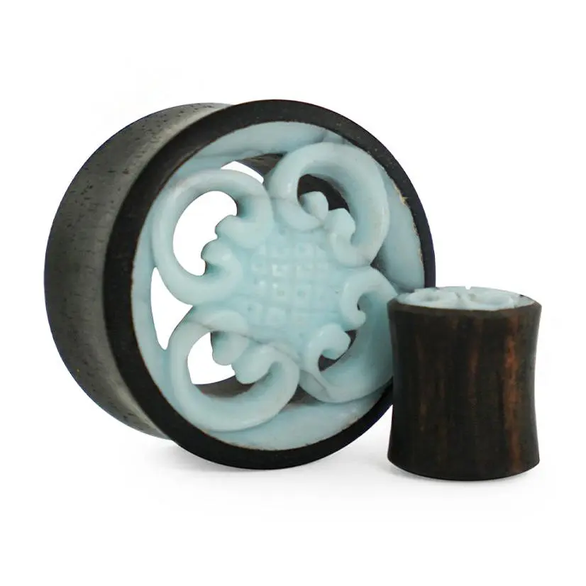 Blue Floral Carved Wooden Plugs