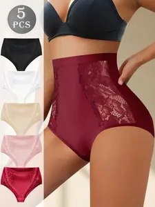 QUASTI 5Pcs Women's High Waist Lace Butt Lifting Panties Underwear – Scrunch Booty Push Up Lace Trim Briefs with Floral Lace, High Elasticity Cheeky Knickers for Curvy Shape, Sexy Lingerie for Date Night, Yoga & Gift Ideas S-XXL