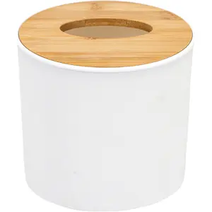 Bamboo Lid Round Tissue Holder Box 5x5'' – Decorative Toilet Paper Roll Dispenser & Dryer Sheet Case – Space-Saving Wood Organizer for Bathroom - for Paper Rolls Under 5 inches only