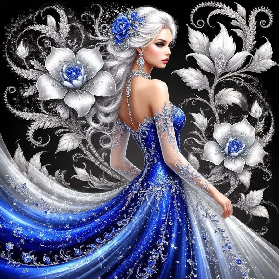 5D DIY Handicraft Full Drill Round Diamond Painting Kit - Diamond Art Painting Set, Diamond Art Tools, Blue Dress, White Flowers, Silver Leaves Mosaic, Canvas - DIY Decorative Painting, Home Wall Decor, Suitable for Halloween and Christmas Gifts