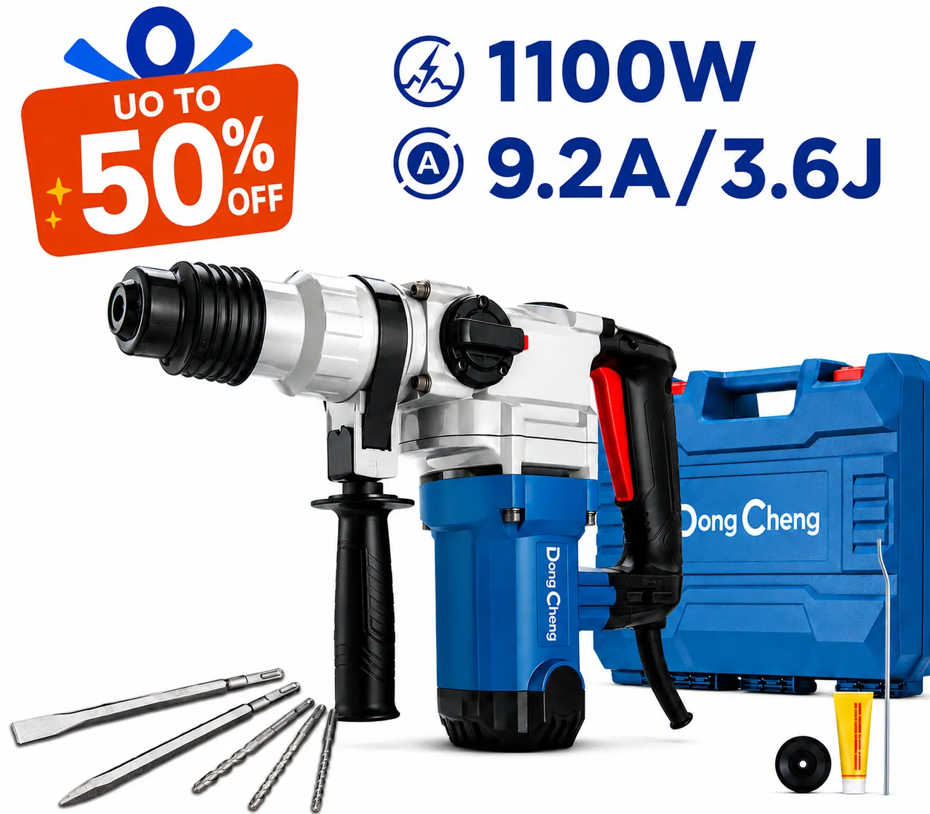 【Summer Clearance】5-year warranty  DongCheng 1-1/8 Inch SDS-Plus Rotary Hammer Drill with Safety Clutch, 9.2 Amp Heavy Duty Corded Demolition Hammer for Concrete, 3.6 Joules, Including 3 Drill Bits, Flat Chisels and Point Chisels