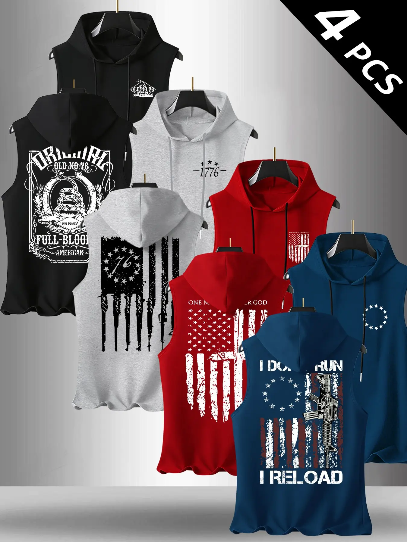 Men's 4 Pack Flag Series Graphic Print Hooded Sleeveless T-Shirts, Casual Comfortable Hoodie Vests, Casual Sporty Style, Casual Sportswear for Summer Outdoor Fitness, Casual Workout Tops