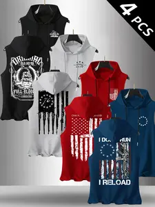 Men's 4 Pack Flag Series Graphic Print Hooded Sleeveless T-Shirts, Casual Comfortable Hoodie Vests for Summer Outdoor Fitness, Casual Workout Tops