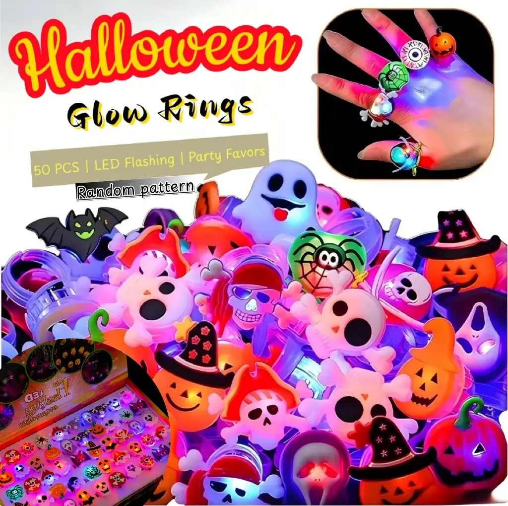 Glow Halloween Rings 50 Pack - Flashing LED Party Favors for Kids, Halloween Bag Fillers, Light Up Toy Rings for Goody Bags, Mini Spooky Gifts