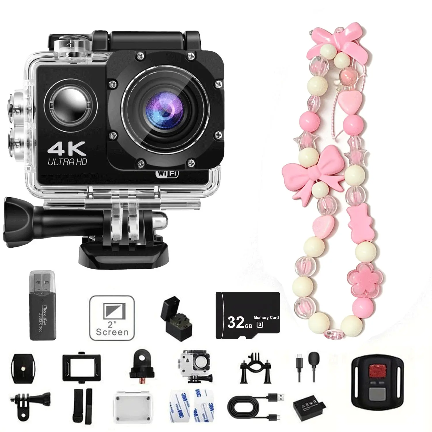 Ourlife 4K HD Outdoor Sports Camera, Wifi Sports Camera, Cycling Camera, Recording Camera, Waterproof Action Camera with Hanging Chain Controller Card Reader, Wide Angle Fish Eye Lens, 2.0 Inch Screen, Waterproof Digital Camera