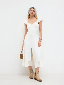 Cider Sweetheart Neckline Applique Split Ruffle Hem Midi Dress