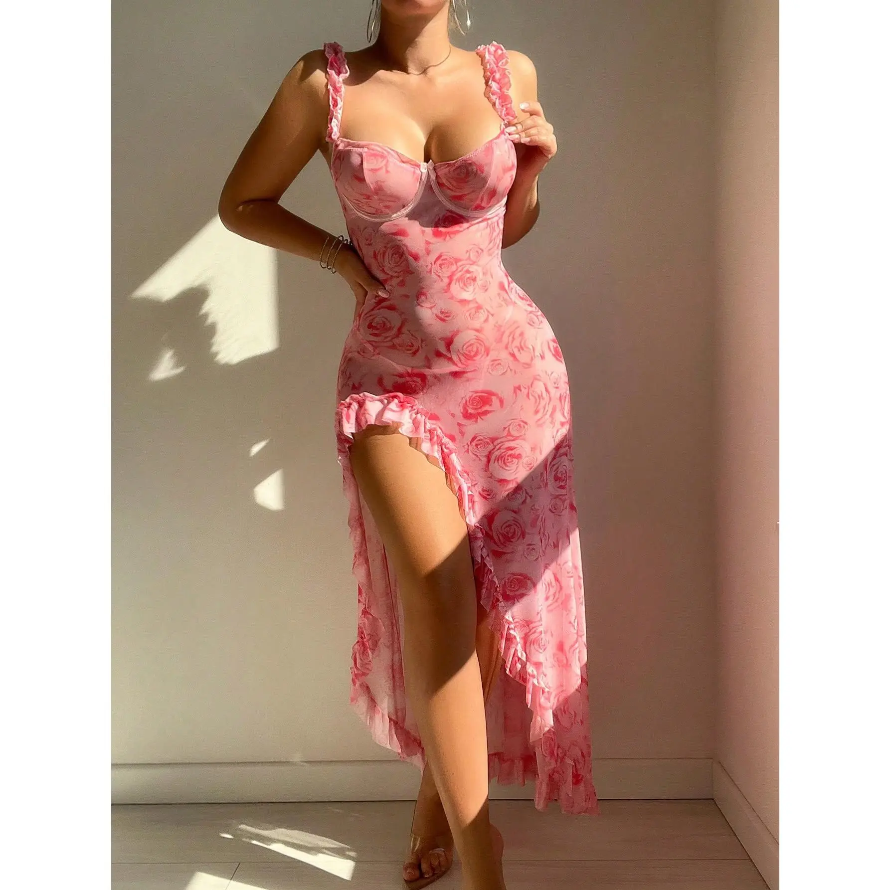 Women's 2-Piece Floral Lingerie Set - Asymmetrical Split Thigh Ruffle Babydoll Nightgown Chemise, Girly Clothing Nightwear Pajama with Soft Fabric, Clothes, Lady, Comfortable, Sleeveless, Ruffle Lace Trim Nightdresses