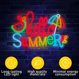 Hello Summer Neon Lights, dimmable LED neon lights, suitable for wall decoration, tropical beach party decoration, USB powered, and can be used in bedrooms, living rooms, bars, game rooms, and window decorations.