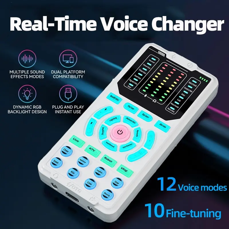 Portable Voice Changer Handheld Sound Card, Real-Time Voice Modulator with Multiple Voice Effects, Multiple Sound Effects Modes, Plug & Play 3.5mm Interface with Type-C Adapter, Compatible with PC, Laptop, Smartphone for Gaming, Streaming
