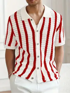 Men's Striped Cardigan, Summer Casual Office Short Sleeve Knit Sweater, Fashionable Daily Vacation Travel Wear, Fitted Style, Knitwear, Tops, Menswear