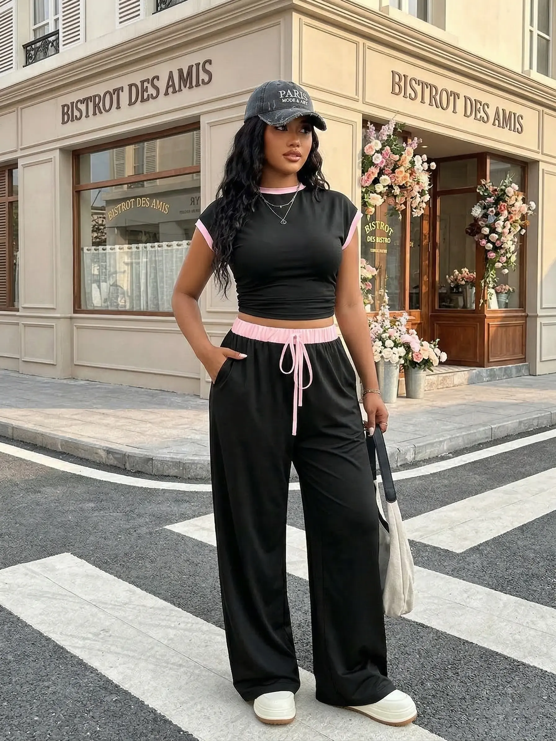 Elengatine Women’s 2-Piece Athletic Set - Short Sleeve Top & Contrast Trim Wide Leg Pants, Slim Fit Sporty Lounge Outfit for Casual Streetwear, Plus Size Women’s Clothing 2-Piece Sets, Women 2 Piece Sets