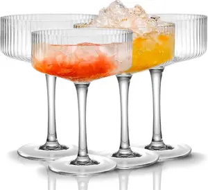 Ribbed Coupe Glasses Set of 4 - Perfect for Cocktail, Wine, Champagne & Gift - Unique Martini Glass - Drinkware