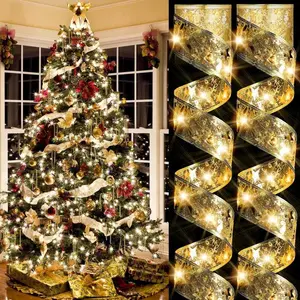 Christmas tree decorative string lights,  10-meter long light strips, 100 LED lights, copper wire ribbon bow lights. Suitable for parties, weddings, holidays, and Christmas tree decorations (gold warm light, battery powered).