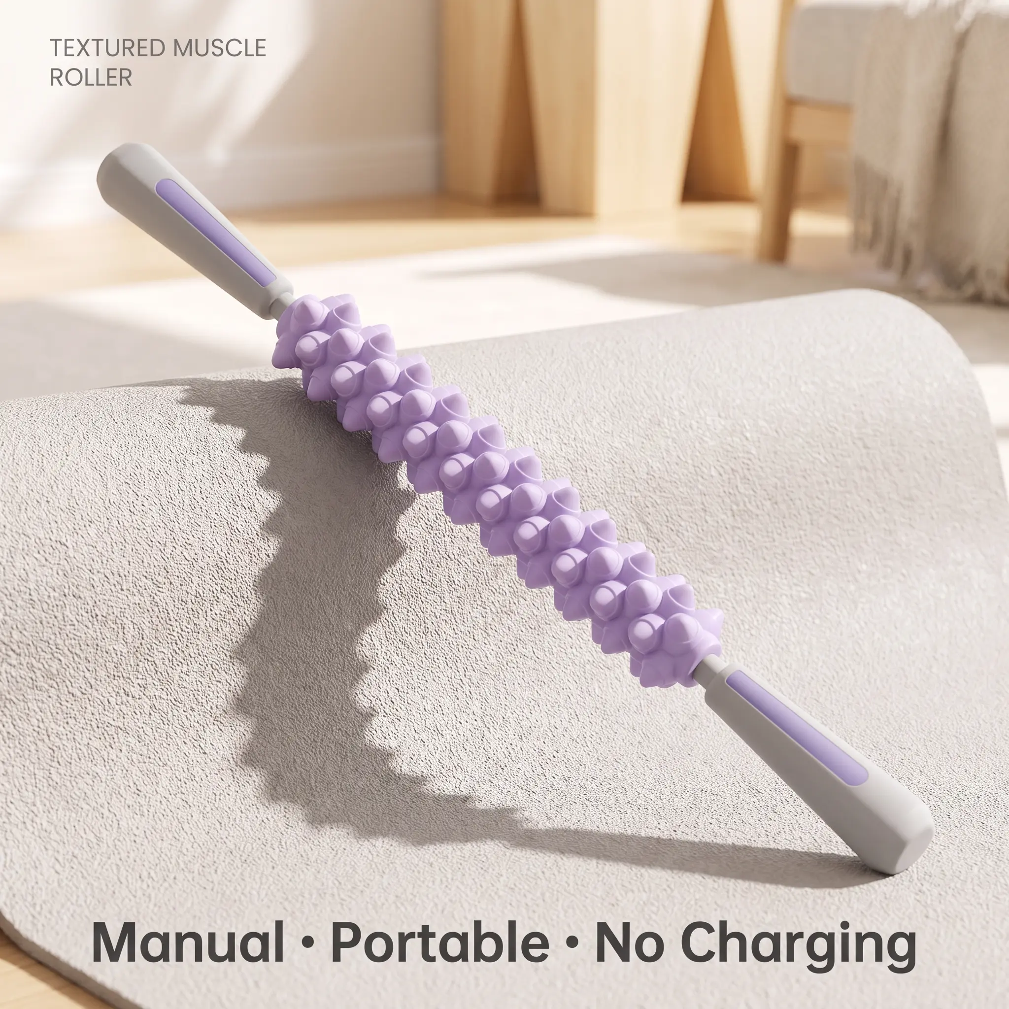 Textured Muscle Roller Stick with Dual Handles, Manual Massage Roller for Legs, Calves, Thighs and Arms, Post-Workout Body Care Tool, Hibiscus Purple