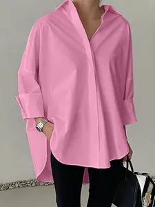 Women's Casual Solid Color Drop Shoulder Loose Fit Top, Autumn Long Sleeve Shirt, Comfortable Daily Wear Style